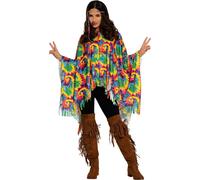 Hippie Carnaval Poncho Set Franges colorées signe de paix Classique Rétro Festival Look Flower Power Costume, Taille : 42 - 44 (L) Couleur : Multicolore