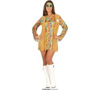 Hippie Carnaval Robe Fleurie 60's Costume Franges Bandeau Signe de Paix Look Rétro Fête Costumée Vintage Ambiance Flower Power, Taille : 38 - 40 (M) Couleur : Marron