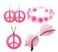 Hippie Costume Set,Style rétro des années 60s 70s Vintage Lunettes Lunettes Signe de la Paix Collier Tournesol Couronne Bande de Cheveux Années 60 Hippie Dressing Accessory Set