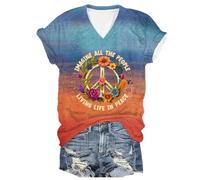 Hippie Imagine All The People Living Life in Peace T-shirt imprimé col en V ample T-shirt pour la paix, Fade, XXL