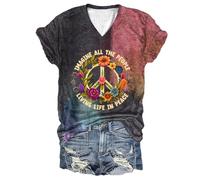 Hippie Imagine All The People Living Life in Peace T-shirt imprimé col en V ample T-shirt pour la paix, Tie Dye, XL
