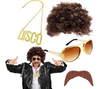 Hippie Perruque Costume Set,dellyy Deguisement Disco Homme,Ensemble de Costume Hippie des Années 70 et 80,Perruque Afro,Ensemble de Costume Hippie,pour Carnaval Cosplay Halloween Costume Party (Brun)