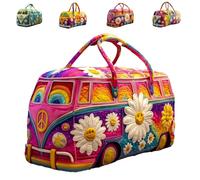 Hippie Van Quilted Duffle Bag, Retro Style for Everyday Travel Original Boho Travel Weekender Bag with Adjustable Strap for Work School Gym (#C,L(18"x9"x9"))