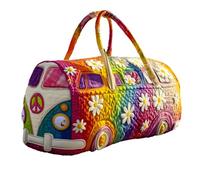 Hippie Van Quilted Duffle Bag - Vintage Floral Travel Weekender Bag for Women - Cute Quilted Overnight Handbag with Adjustable Strap - Retro Hippie Journey Gym Bag for Work & School (B)