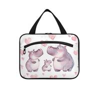 Hippo Family Love Heart Grande trousse de maquillage à suspendre pour femme avec crochet, sac fourre-tout pliable de designer pour voyage, camping, estuche para guardar maquillaje L