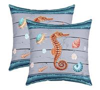 Hippocampe Taie Oreiller Full Mer Biologique Thèmes Taies d'oreiller 60x60cm Doux pour Mer sous l'eau Monde Lot De 2 Housses de Coussin Sheel Bois Grain Bleu Housse Coussins