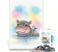 Hippopotame Aquarelle avec Illustration d'oiseau Puzzle de 1000 pièces pour Adolescents Jeu Stimulant Le Cerveau Emboîtement précis sans espaces Activité relaxante en Groupe à l'intérieur (50x75cm)