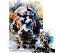 Hippopotame Aquarelle dans l'eau Puzzle de 1000 pièces pour Adultes Jeu de logique Découpe précise Bords Lisses pour Les réunions de Famille (50x75cm)