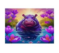Hippopotame Fleur Eau Puzzle, 1000 Pièces pour Adultes Haute Qualité | 38x26cm Amateurs De Puzzles, Cadeau D'anniversaire, Carton, Apaisement De L'humeur, Ajustement Serré