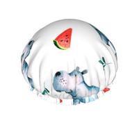 Hippopotame mignon à l'aquarelle et pastèque,Bonnet de douche/bonnet de nuit double couche imperméable et élastique, bonnet de bain réutilisable