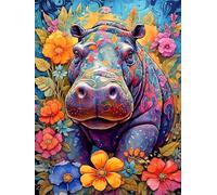 hippopotame Peinture Diamant Adulte, 5D Bricolage fleur Diamond Painting Enfant, Cristal Strass Point de Croix Broderie Diamant Kit Complet, Diamant Painting pour Decoration Murale Salon 30x40cm C-9