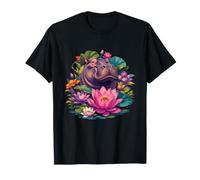 Hippopotame Serein Parmi Les Fleurs de Lotus Tropicales T-Shirt