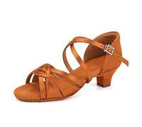 HIPPOSEUS Chaussures de Danse Latine pour Filles Marron Talon Bas 4cm Satin Chaussures de Danse Salsa pour Femmes pour la Pratique Performance,27 EU