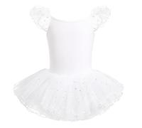 HIPPOSEUS Fille Robe de Ballet Danse Tutu Justaucorps de Ballet Danse Gymnastique Enfants Manches Courtes, Y04-Paillettes Blanc,6-8 Années