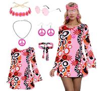 HIQE-FL Costume Hippie Femme, Tenue des Années 60, Accessoires Inclus, Taille Unique, Pour Carnaval et Soirées à Thème