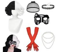 HIQE-FL Cruella Perruque Noir et Blanc,Cruella Costume Halloween,Cosplay Perruque Accessoires,Costume 70s Accessoires,avec Dentelle Masque,Gants Perle Bijoux,Halloween Mardi Gras