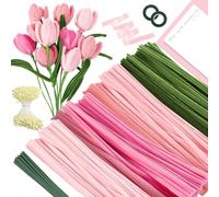 Hiqiku Lot de 500 cure-pipes pour le bricolage - 5 couleurs - Avec 30 bâtons de fleurs, 2 rouleaux de ruban adhésif, étamines et sac de fleurs (rose)