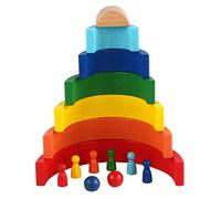 Hiraith Blocs de Construction Colorés en Bois Arc-en-Ciel, Jouets Empilables en Bois pour Enfants D'âge Préscolaire, Ensemble de 6 Ponts en Arc avec 6 Figurines et 2 Balles pour L