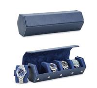 Hiram Boîte à montres Hexagon Cuir véritable Saffiano pour 4 montres, Boîte à montres en cuir avec 4 emplacements pour montres - Organisateur de rangement et présentoir pour hommes (Bleu)
