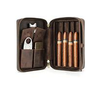 Hiram Étui de voyage pour cigares, étui en cuir pour 4 cigares, boîte à cigares portable avec poignée, sac humidificateur pour cigares avec compartiment pour cartes et poche pour coupe-cigares