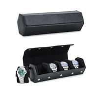 Hiram Hexagon Étui de rangement pour montres en cuir Saffiano véritable pour 4 montres, étui de protection à 4 emplacements pour montres (noir)
