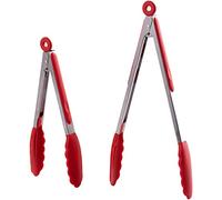 HiramWare Kitchen Tongs Set of 2 - 9 inch & 12 inch - Stainless Steel Food Tongs with Silicone Tips - Premium Locking Non-stick Tongs for Cooking, BBQ, Grilling, Salad - Heavy Duty, BPA Free(Red)