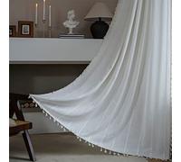 HIRHOEH Rideau bohème, couleur unie, rayés, translucides, avec pompons, en coton et lin, brodés, style maison de campagne, pour cuisine, salon, chambre, 1 pièce, blanc, 132 x 200 cm (l x h)