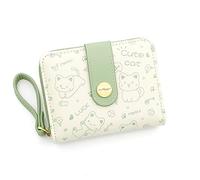 Hiriotin Portefeuille chat kawaii pour femmes et filles avec fermeture éclair autour du porte-monnaie avec boucle et emplacements pour cartes d'identité, vert, One Size, Porte-monnaie zippé