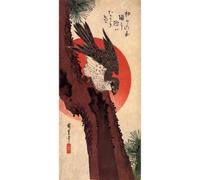 Hiroshige Impression sur toile de qualité supérieure - Falcon sur un pin avec soleil levant - 127 x 101,6 cm - Prêt à être encadré - Idéal pour la décoration de la maison ou du bureau