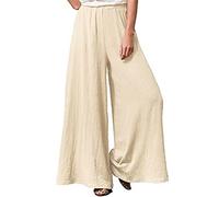 Hisanny Pantalon Palazzo en lin pour femme - Taille haute élastique - Avec poches AS1 5XL, beige, Taille 5XL