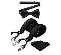HISDERN Bretelle Homme Floral Noir en Y Réglable avec 6 Clips Extra Résistants Bretelles et Pre-Noue Noeud Papillon Poche Carre Ensemble Homme Pour Mariage