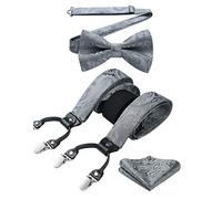 HISDERN Bretelle Homme Gris Paisley en Y Réglable avec 6 Clips Extra Résistants Bretelles et Pre-Noue Noeud Papillon Poche Carre Ensemble Homme Pour Mariage