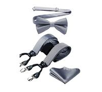 HISDERN Bretelles Homme Gris et Noeud Papillon Mouchoir Carreaux Réglable en Forme de Y avec 6 Clips Braces Suspender Set