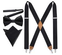 HISDERN Bretelles pour hommes avec de tres fortes 4 clips Heavy Duty X style Suspenders reglable pré-noués nœud papillon avec Ensemble de carrés de poche