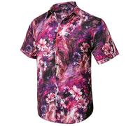 HISDERN Chemises Hawaïenne Hommes Manches Courtes Chemise Hawaiian Homme Funky Aloha Chemises Décontractée été Shirts Rose/Lila XXL
