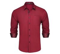 HISDERN Chemises Homme Manches Longues Chemise Décontractée Homme Boutonnées Chemises Formelles Business Chemise Regular Fit Casual Shirt Bourgogne 6XL