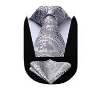 HISDERN Cravate Homme Argent à Motif Cachemire Mariage Élégant Cravates Extra Longues pour Hommes et Carré de poche, XL