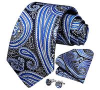 HISDERN Cravates pour Hommes Cravate Bleue et Poche Carrée en Soie Ensemble avec Mouchoir Boutons de Manchette Mariage Fête Affaires