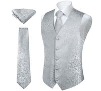 Hisdern - Ensemble pour homme en tissu jacquard avec gilet à motif cachemire, cravate à motif et mouchoir de poche - Pour mariage et fête - XS-6XL, Argenté et gris., L