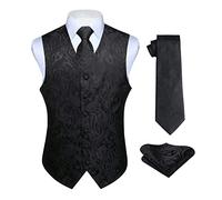 Hisdern - Ensemble pour homme en tissu jacquard avec gilet à motif cachemire, cravate à motif et mouchoir de poche - Pour mariage et fête - XS-6XL, Noir , M
