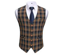 HISDERN Gilet Costume Homme à Carreaux Classique Gilets Sans Manche Coton Gilet Mariage Formel Casual Veston Hommes Orange & Bleu XL