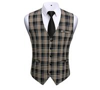 HISDERN Gilet Costume Homme à Carreaux Classique Gilets Sans Manche Hommes Coton Gilet Mariage Formel Casual Veston Marron & Noir XL