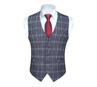 HISDERN Gilet Costume Homme Bleu à Carreaux Classique Gilets Sans Manche Coton Formel Casual Gilet Mariage Veston Hommes avec Poche S