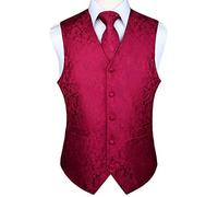 HISDERN Gilet Costume Homme Bordeaux Paisley Jacquard Gilet Cravate Pochette Mouchoir Ensemble Gilets Sans Manche Hommes Mariage Rouge M