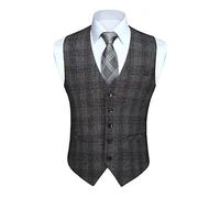 HISDERN Gilet Costume Homme Gris à Carreaux Mariage Classique Gilets Sans Manche Hommes Coton Formel Casual Veston avec Poches 2XL