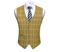 HISDERN Gilet Costume Homme Jaune à Carreaux Classique Gilets Mariage en Coton Gilet Sans Manche Hommes Formel Casual Veston avec Poches 4XL