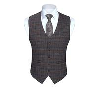 HISDERN Gilet Costume Homme Marron à Carreaux Classique Formel Gilets Sans Manche Hommes Coton Mariage Casual Veston avec Poches L