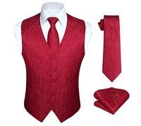 HISDERN Gilet Costume Homme Paisley Floral Jacquard Rouge Gilet Cravate Poche Carre Mouchoir Gilets Sans Manche Ensemble XL