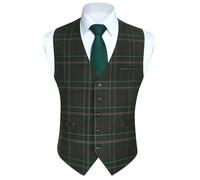 HISDERN Gilet Costume Homme Vert à Carreaux Classique Gilets Sans Manche Homme Casual Veston Gilet avec Poches Mariage Fête M