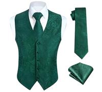 HISDERN Gilet Costume Homme Vert Paisley Floral Jacquard Avec Cravate et Poche Carré Pour Mariage, Fête, Affaires - Ensemble, Taille L